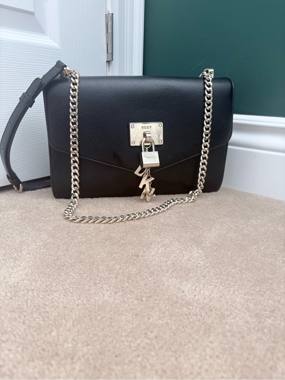 DKNY Black Leather Crossbody with Silver Chain and Padlock Charm
